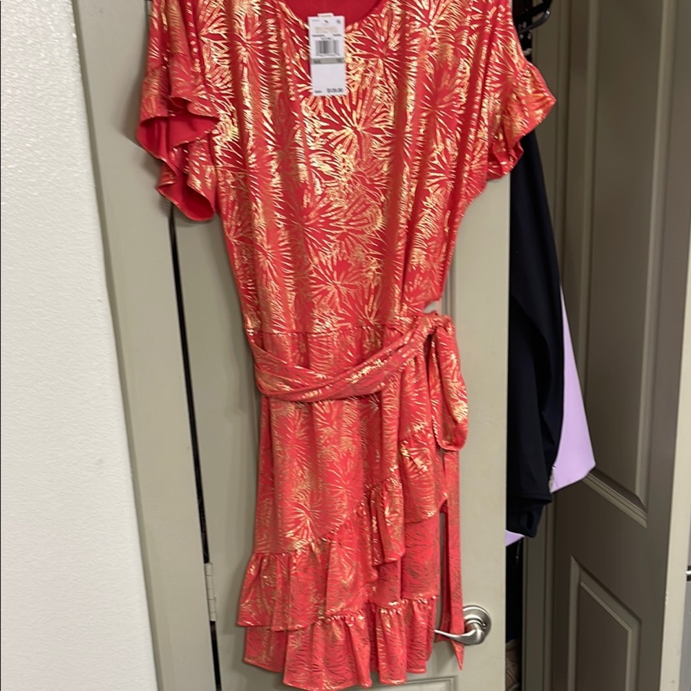 Michael Kors Orange and Gold Floral Dress with Ruffle Hem